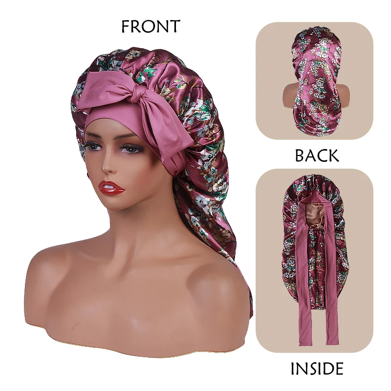 Floral Long Satin Bonnet for Sleeping - Double Layer Reversible Silk Bonnet for Long Hair Women Sleeping Cap With Tie Band