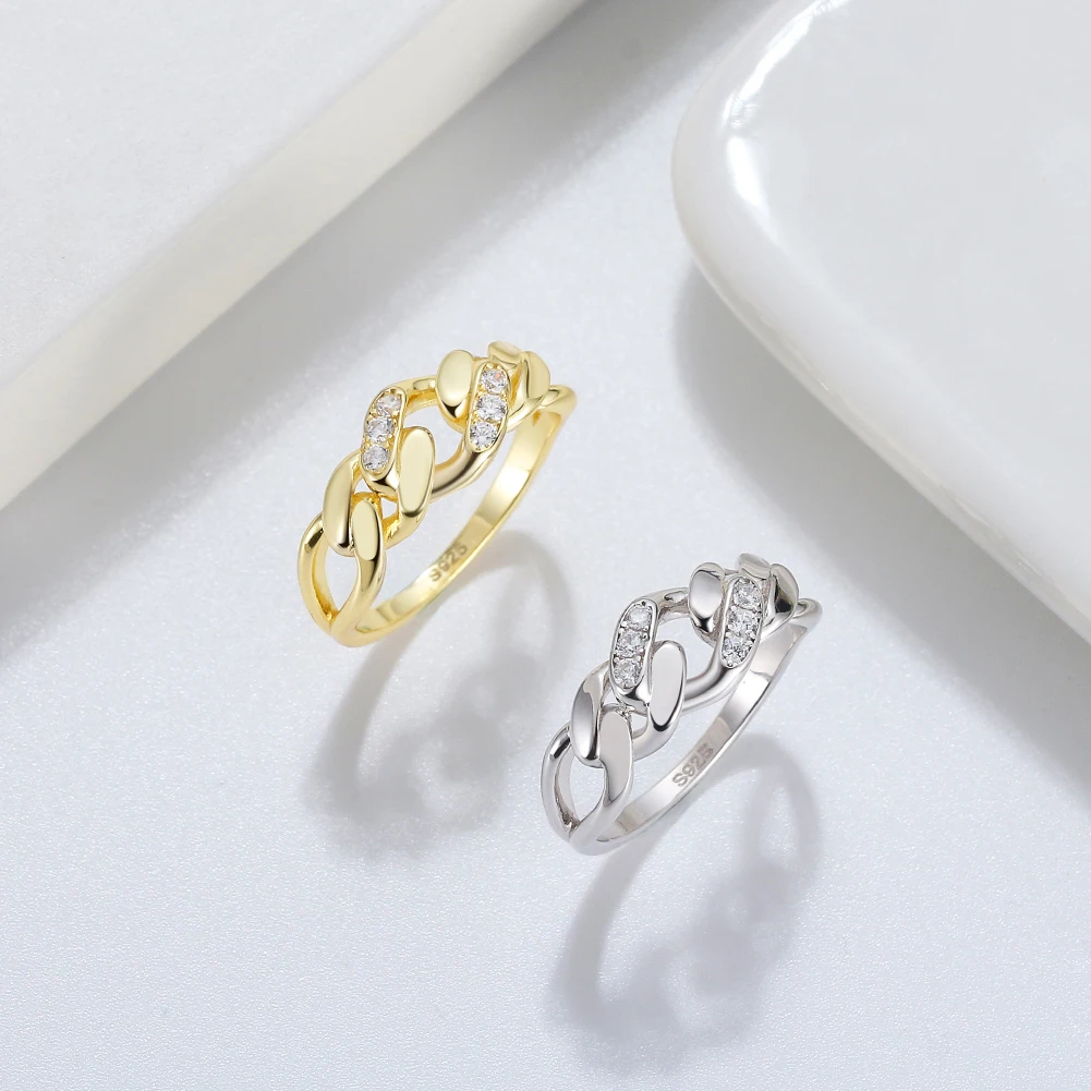 RINNTIN SR271 Gold Jewelry 925 Sterling Silver Rings Joyas De Plata 14K Gold Plated CZ Zircon Diamond Cuban Link Ring For Women