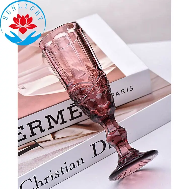Factory high-end hot selling embossed retro solid color fun wine glasses beautiful red  ripple wine glasses set