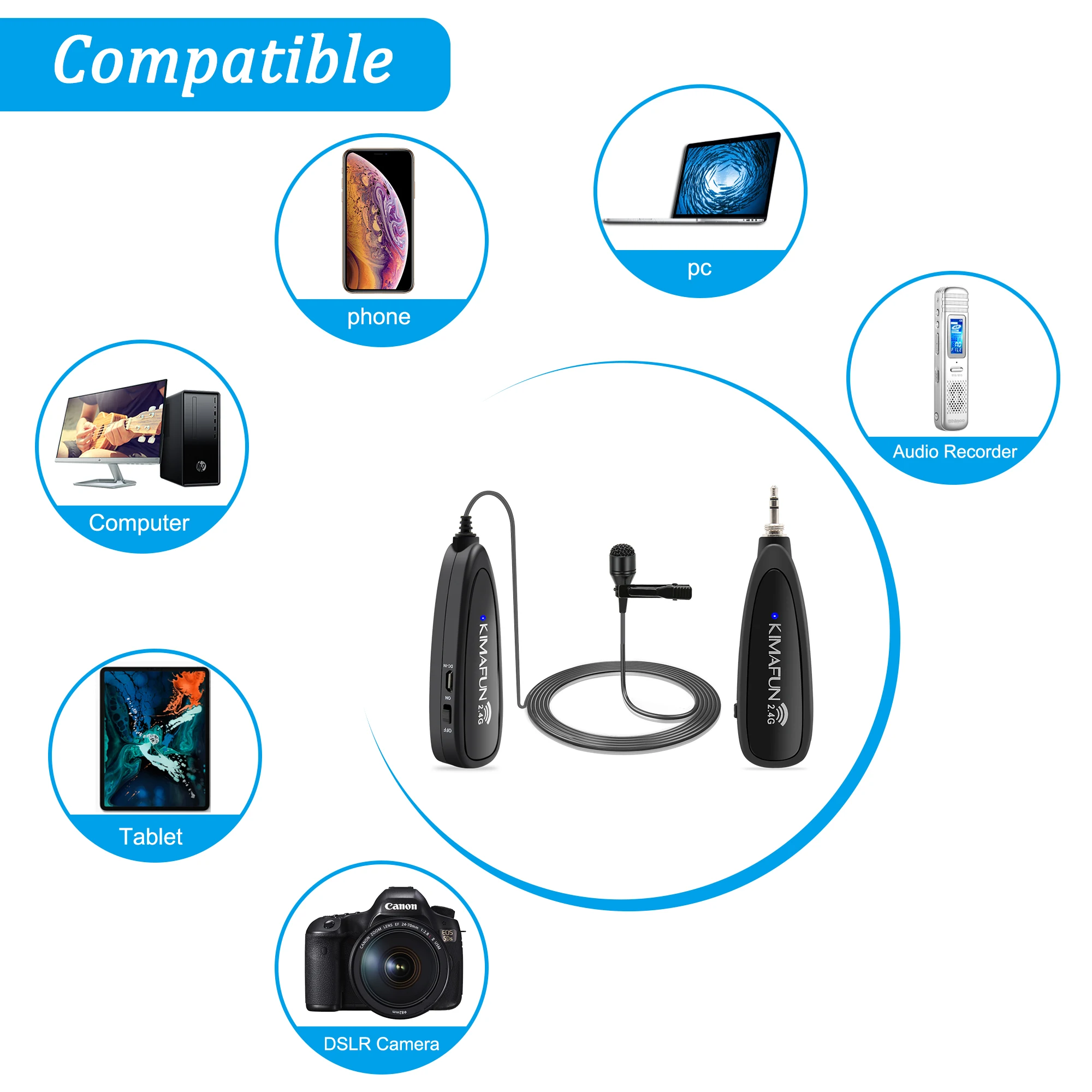 KIMAFUN KM-G130-1A 2.4G dual Collar Clip wireless Microphone for video recording vlogging for live performance for smartphone