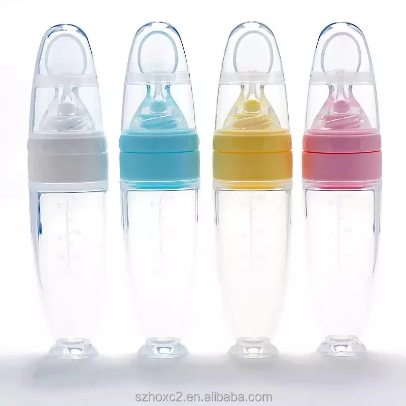Silicone Baby Toddler Feeding Bottle Fresh Food Baby Squeeze Spoon Feeder feeding bottle with spoon