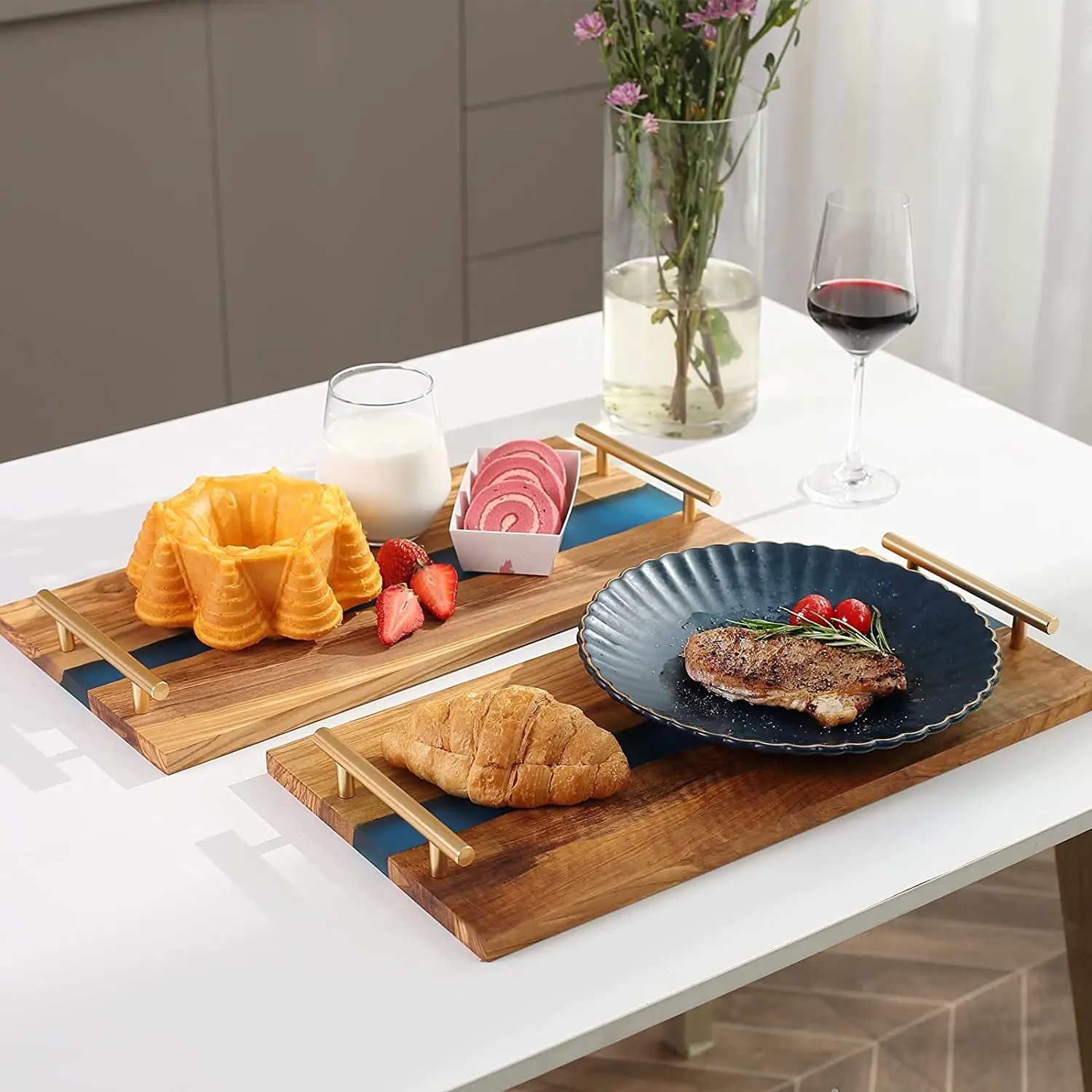 Olive Wood Carved Wood Tray Resin Trays With Gold Handles