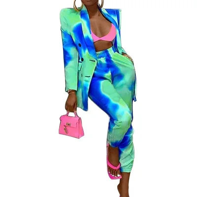 Autumn Women Fashion Tie Dye Suits Long Sleeve Blue Blazer Suit Coat Pants Two Piece Suit