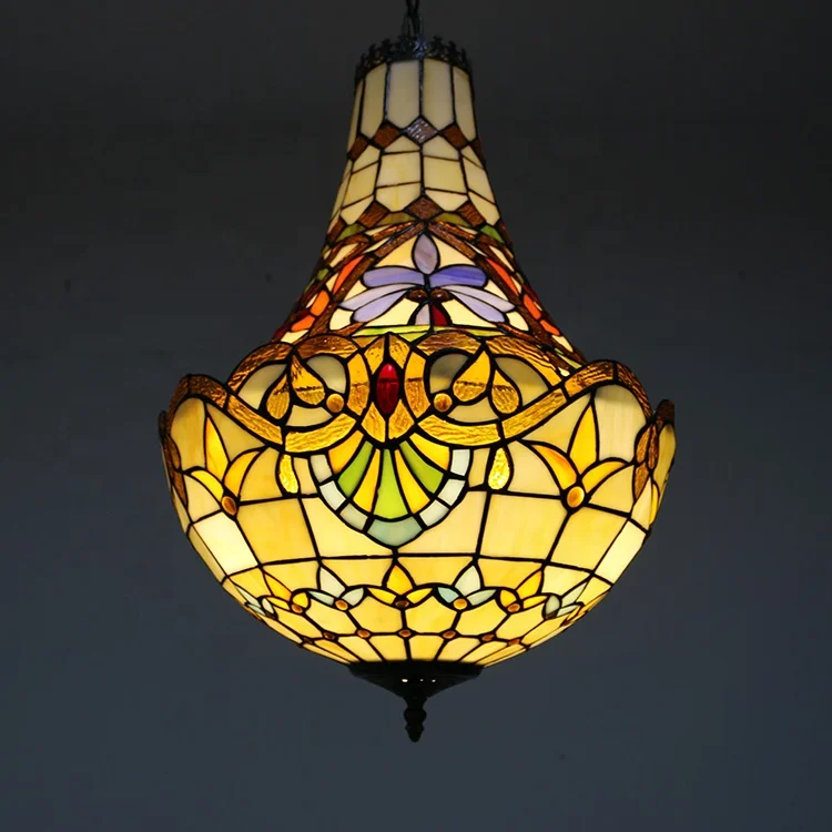 LongHuiJing 16Inch Baroque Tiffany Chandelier Ceiling Light Colored Stained Glass Lampshade Pendant Lamp For Restaurant