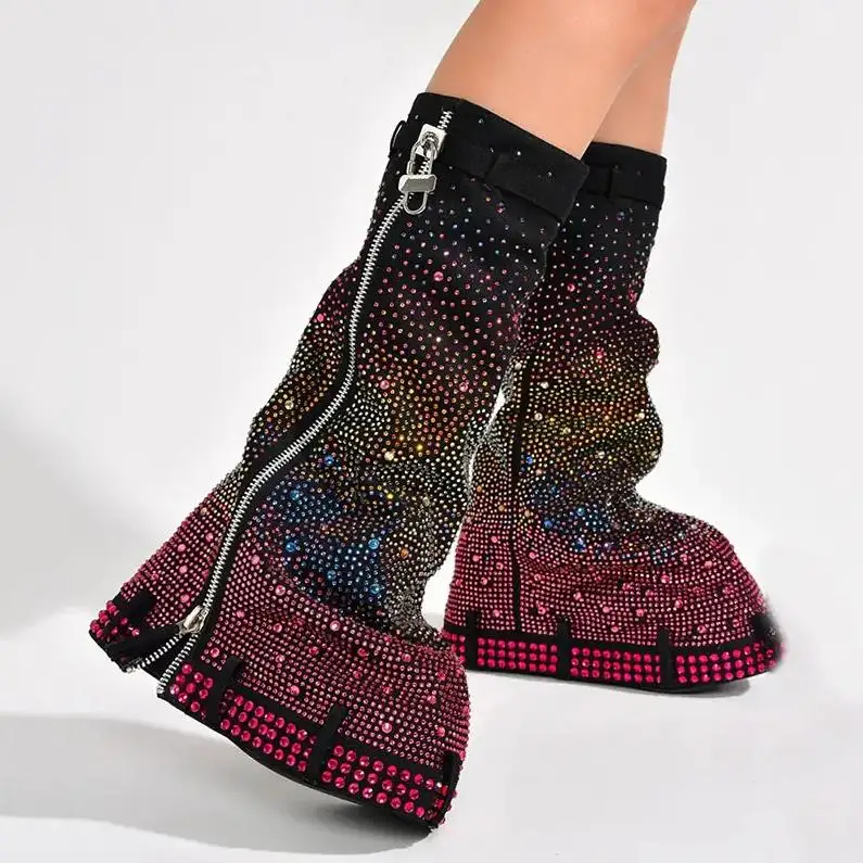New Padlock cowboy Wedge Boots female Jeans Zipper Metal winter long Boots wedged Heels color rhinestone knee high Boots