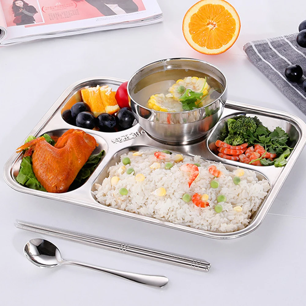 LIHONG 304 Stainless Steel 5 Compartments Indian Thali Lunch Tray School Fast Food Canteen Divided Dinner Mess Plates With Lid