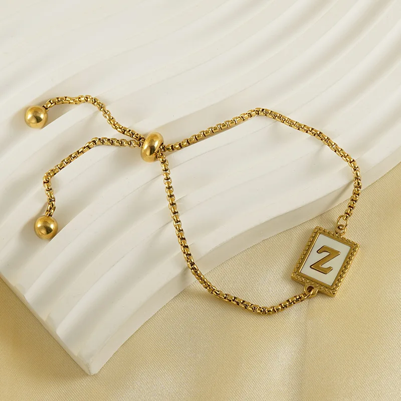 Stainless Steel 18 K Gold Plate Letter bracelet White Shell A-Z 26 Alphabets Rectangular Pendant Initial Sliding Bracelet