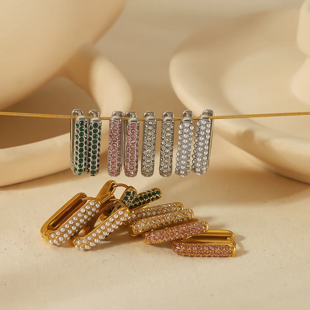E103 18K Elegant Rectangle Colorful Diamond Huggie Earrings Stainless Steel Square Pave Emerald Zircon U Shape Hoop Earrings