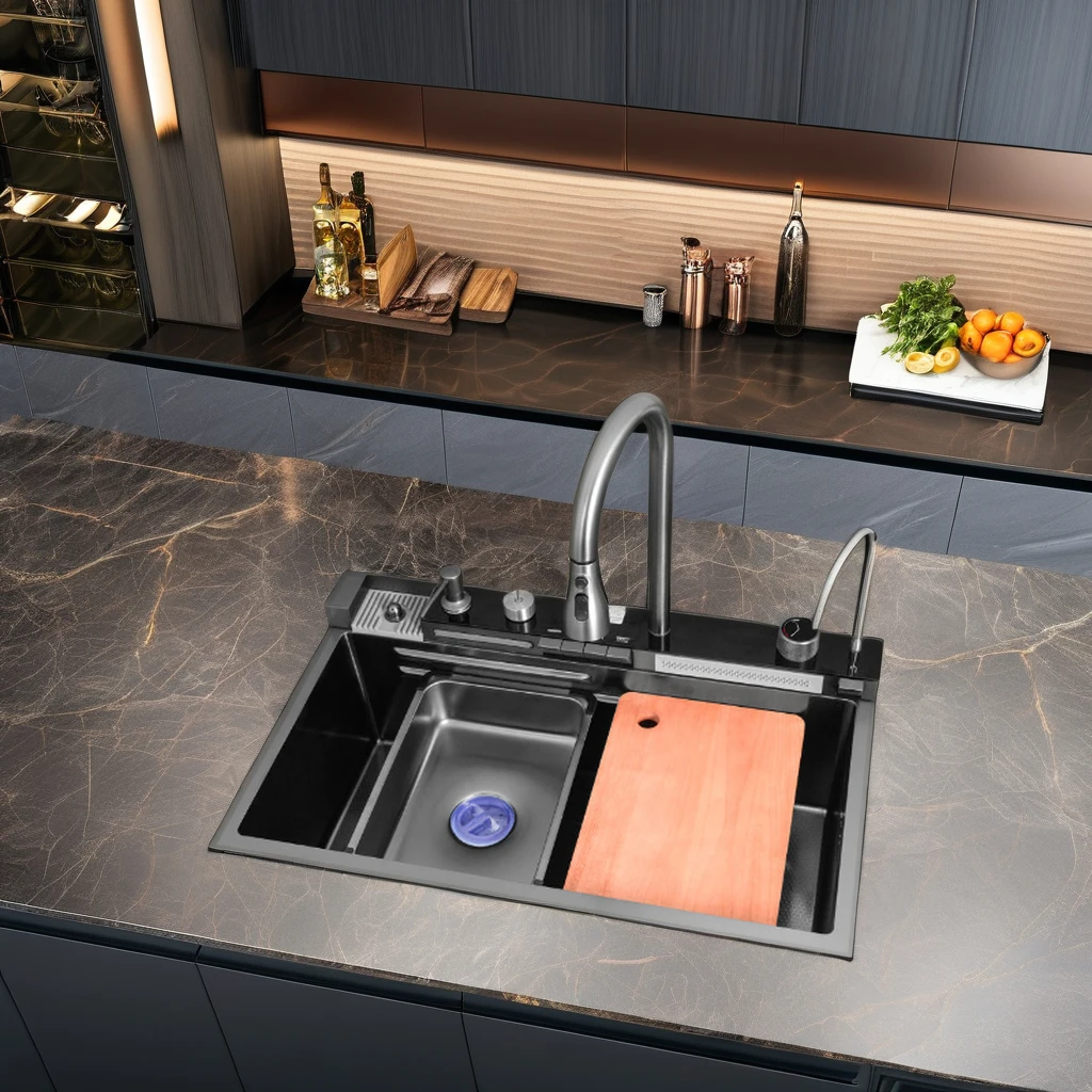 Stainless Steel Apron Farmhouse Handmade Kitchen Sink Light Emitting Diode Smart Waterfall Multifunctional Kitchen Sinks