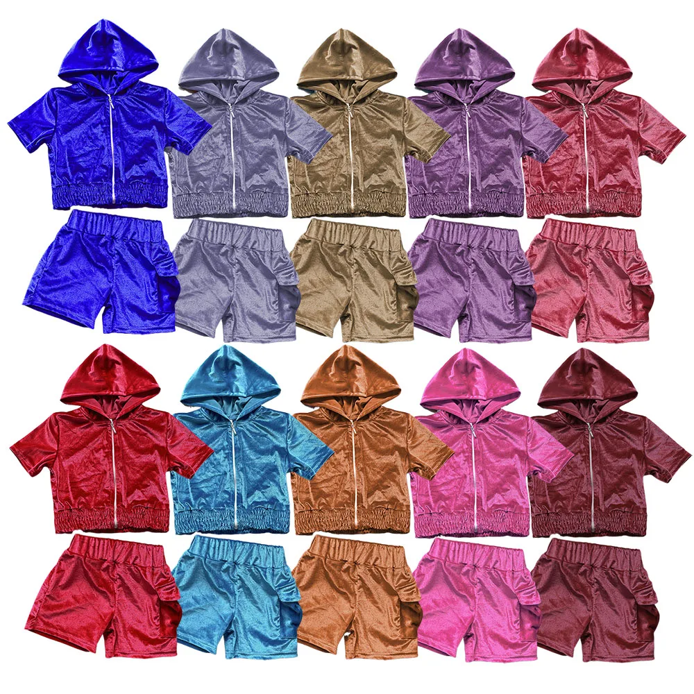 2023 hot  sale  Girls with hat shirt zipper jacket supporting shorts in summer solid color girl clothing Velvet sport two pieces