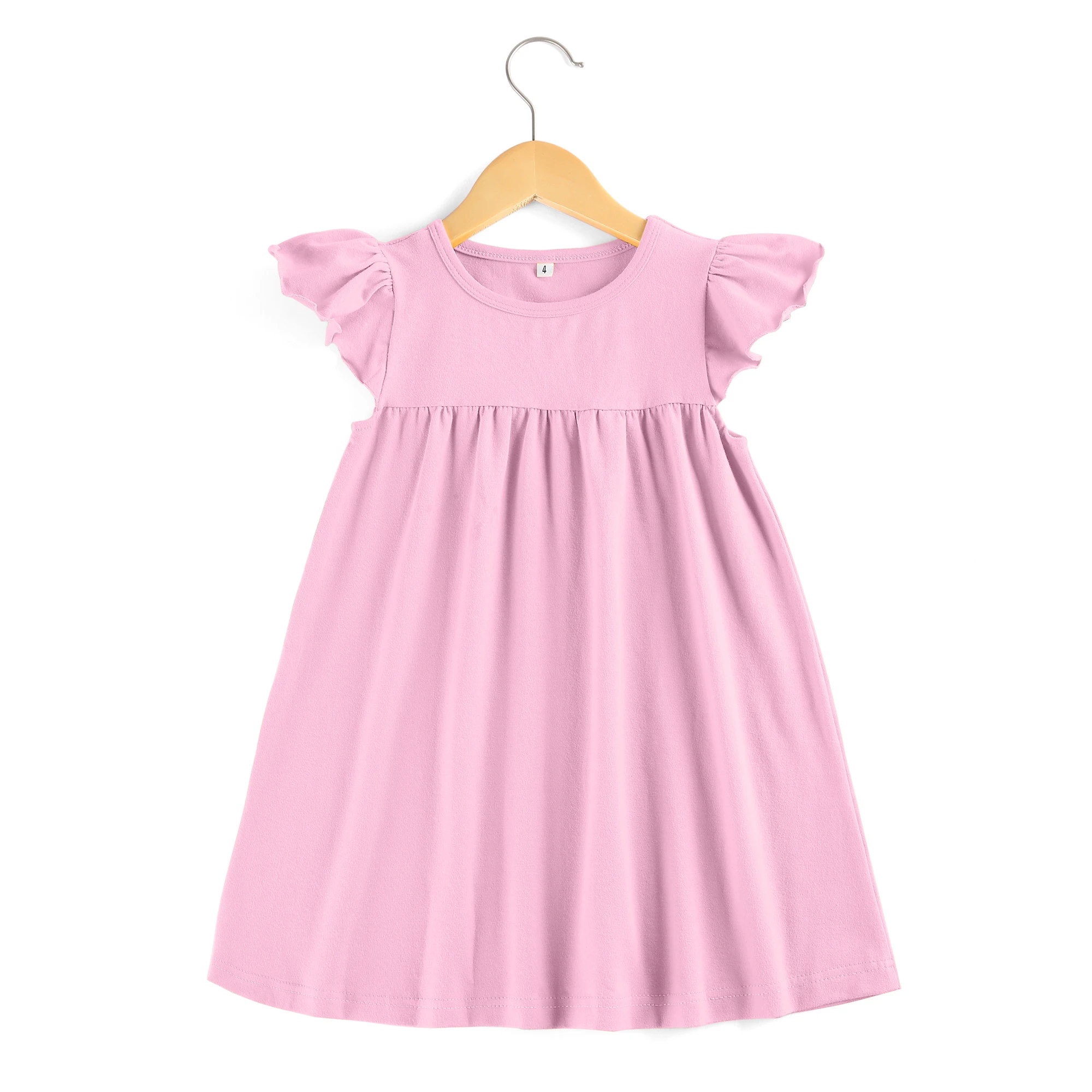 RTS custom embroidery toddle girl pink knitted cotton pearl dress little girl flutter sleeve  knee length casual sundress 2024