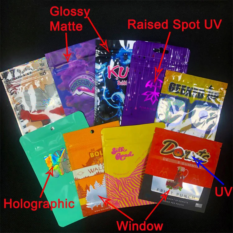 Custom UV Gold Stamping Holographic Resealable Child Resistant Zipper 3.5g Pack Smell Proof Packaging Mylar Bag Stand up Pouch