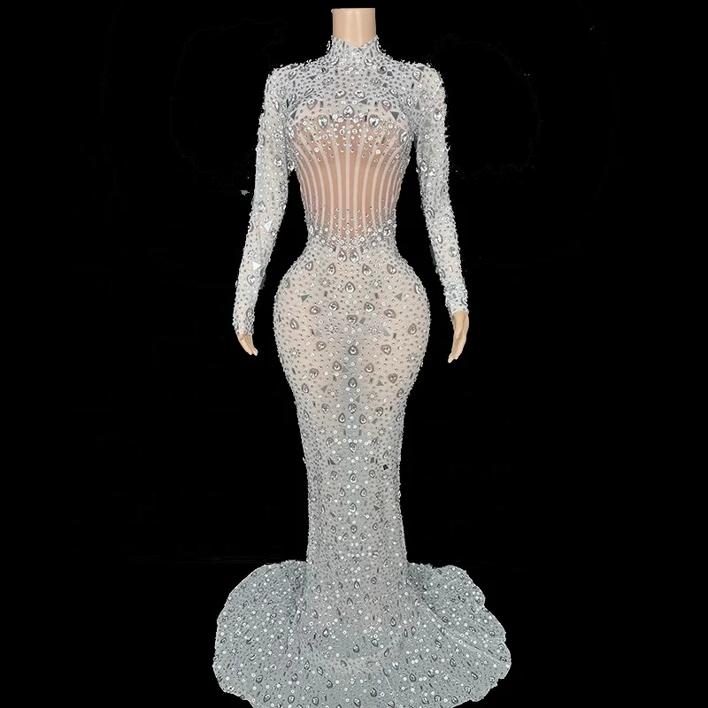 Luxury See Through Sequins Rhinestone Wedding Ball Gowns Ladies Formal Birthday Prom Long Dress Women Mermaid Evening Dresses