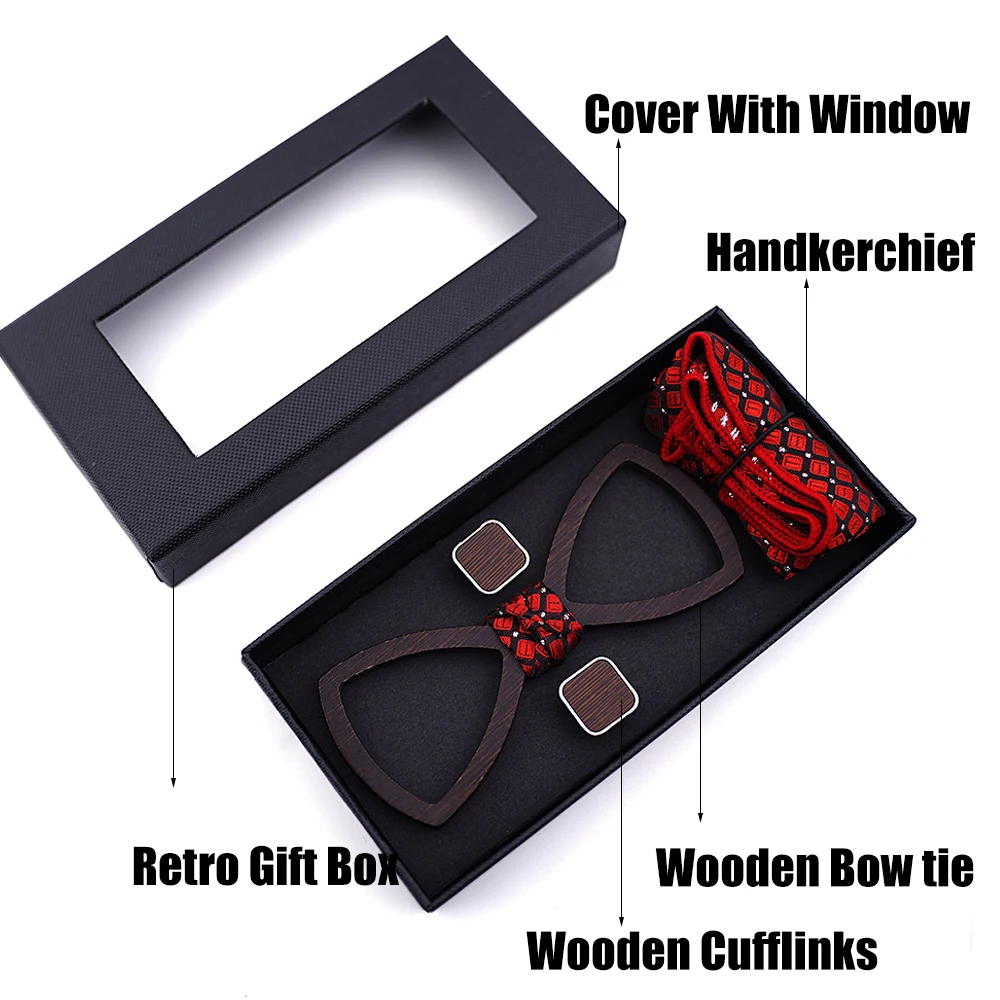 Fashion Wooden Bow Tie Set For Men Unisex Hollow Out Carved Retro Wooden Neck Ties Adjustable Strap Vintage Bowtie Gravata Corba