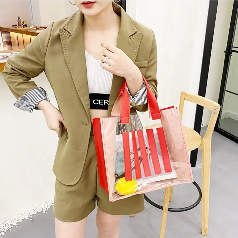 2022 Customize Hote Sale Customized Promotional PVC Clear Transparent Casual Women Shopping Tote Bag Beach Waterproof Handle Bag