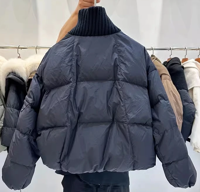 winter duck down jackets for women  short  style jackets with knitted collar and front placket