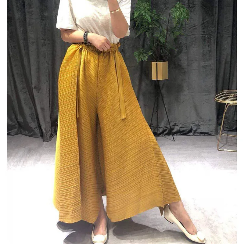 Plesfold Straight Pants Big Size Loose Waist Show Thin Pressed Pleated Wide-legged Trouser Woman