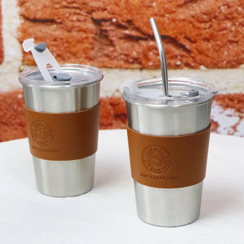 Wholesale printed logo single layer leather cover industrial style outdoor camping stainless steel coffee cup