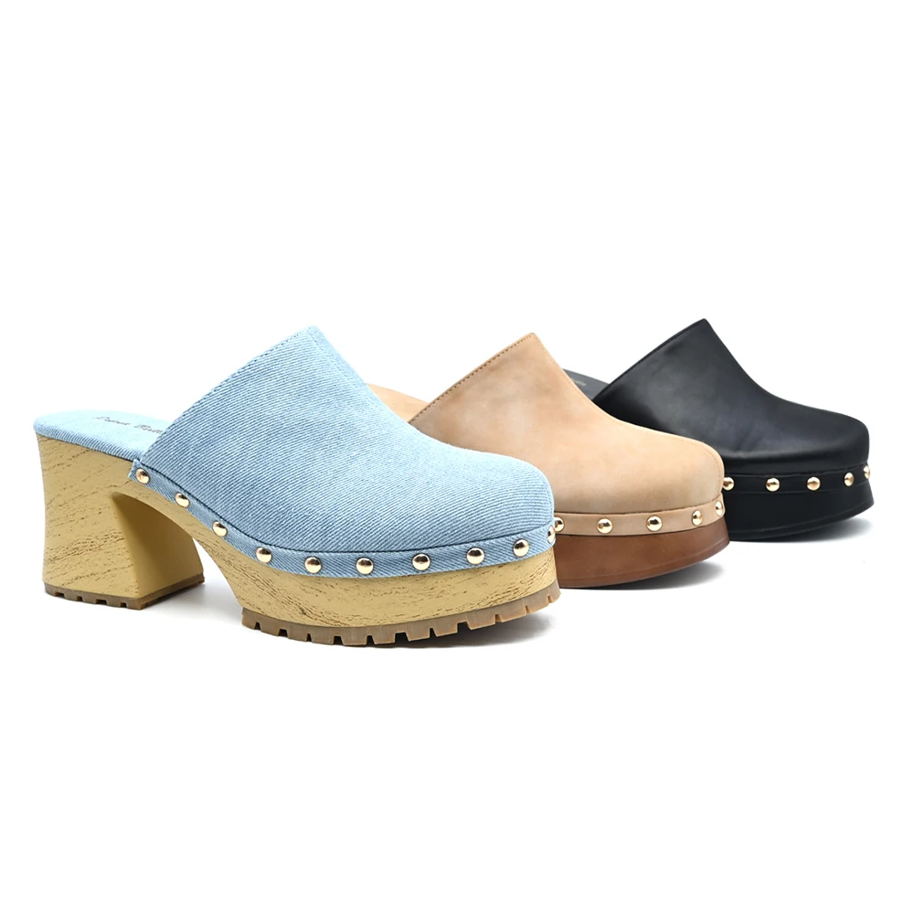 RMC wedge sandals black Rounded Square Toe MulesThick Heels Sandals Super High Heels Chunky Platform Wedges Sandals