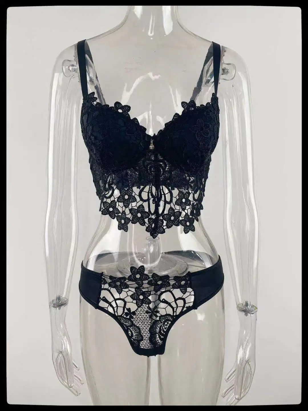 Wholesale  Female Private Label  Sexy Black Lace Trim  Wireless Bra Lingerie Dot Mesh Lace Bra Underwear Fat Sexy Lingerie