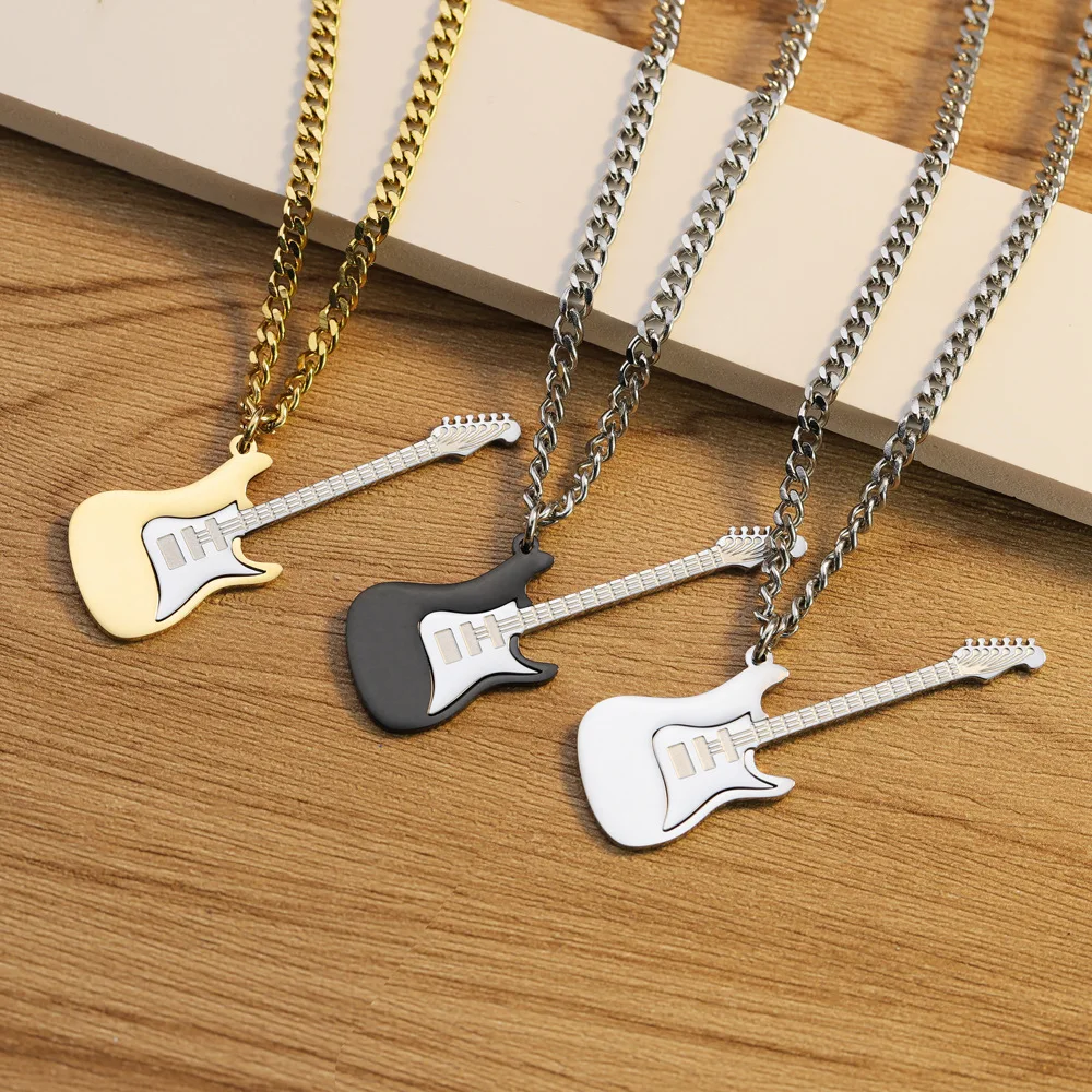 Qiuhan Hip Hop Style Stainless Steel Collarbone Chain MusicGift Three-color Bass Guitar Necklace