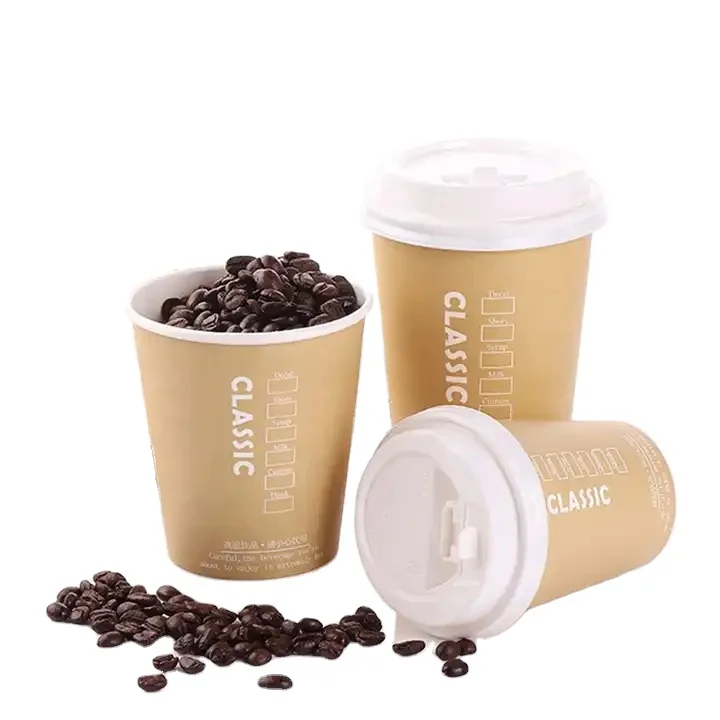 Custom printed logo disposable recycle double ripple wall hot stamping coffee paper cups with lid food grade paper