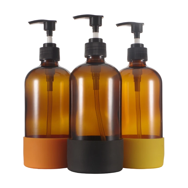  16OZ 500ML янтарный прозрачный для выдачи стеклянных насос бутылка жидкости электронных сигарет красочные силиконовый рукав