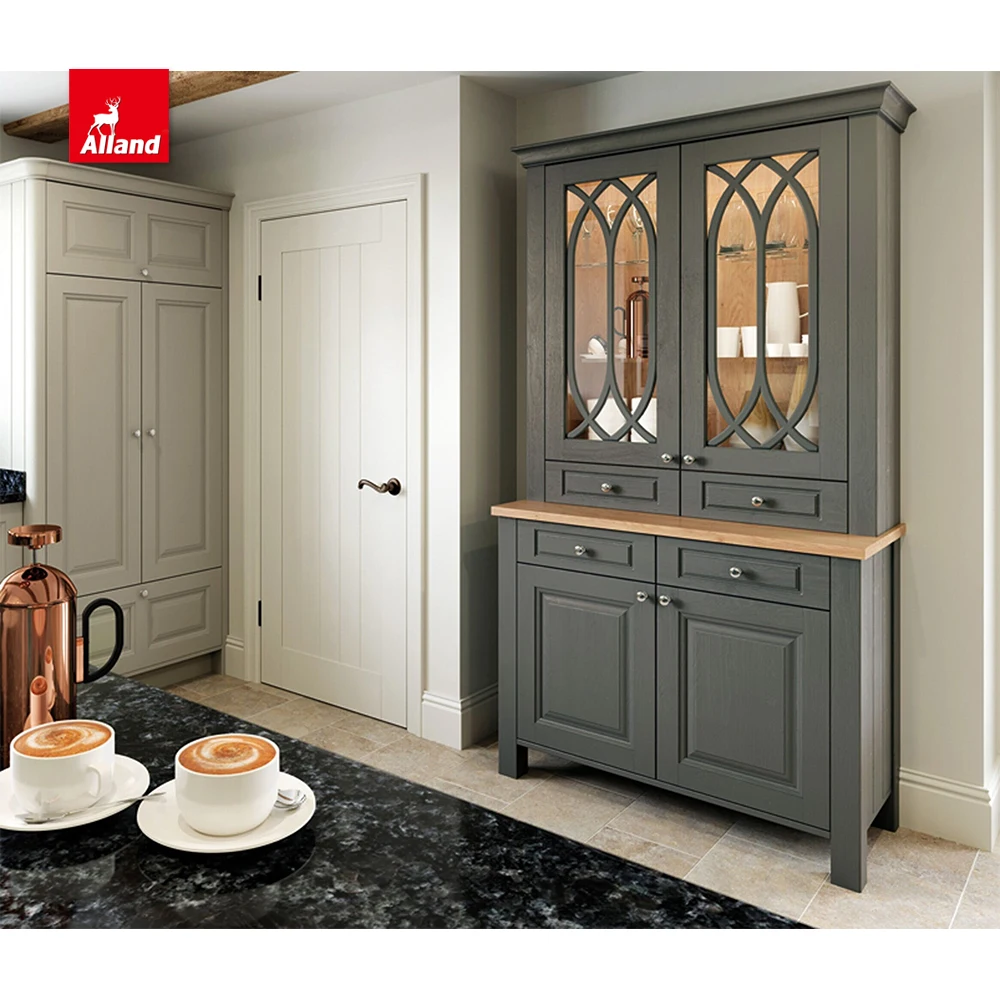 AllandCabinet Customized Grey Lacquer MDF Painted Nature Wood Shaker Recessed Raised Kitchen Cabinet with Island Glass Door