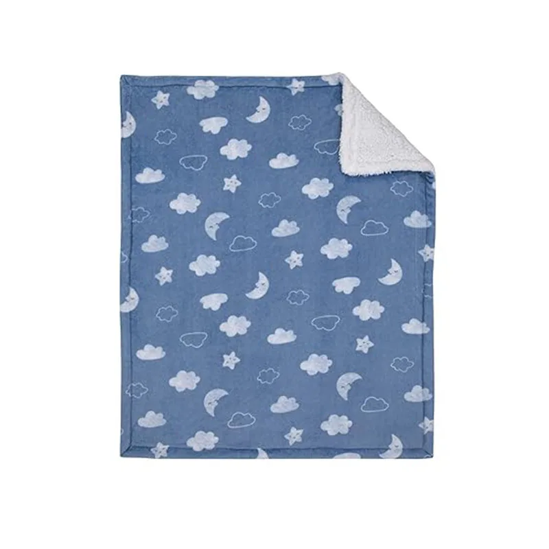 S080 Customized logo Baby blue blanket moon star super soft fabric stuffed hugging thicken double Blanket