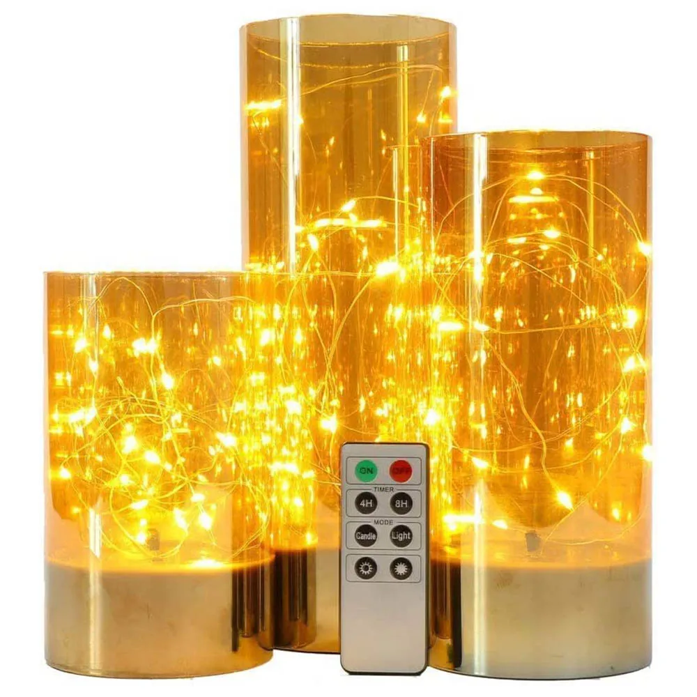 Set of 3  High Glass LED Candle Lights with fairy string Lights Battery Powered Remote Control for wedding,christmas decoration