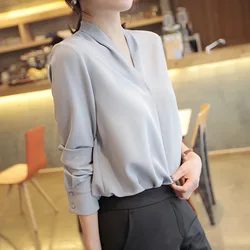 White Shirt Women Spring And Summer V-Neck Solid Color Professional Blouses Simple Sexy Loose Chiffon Blouse Korean