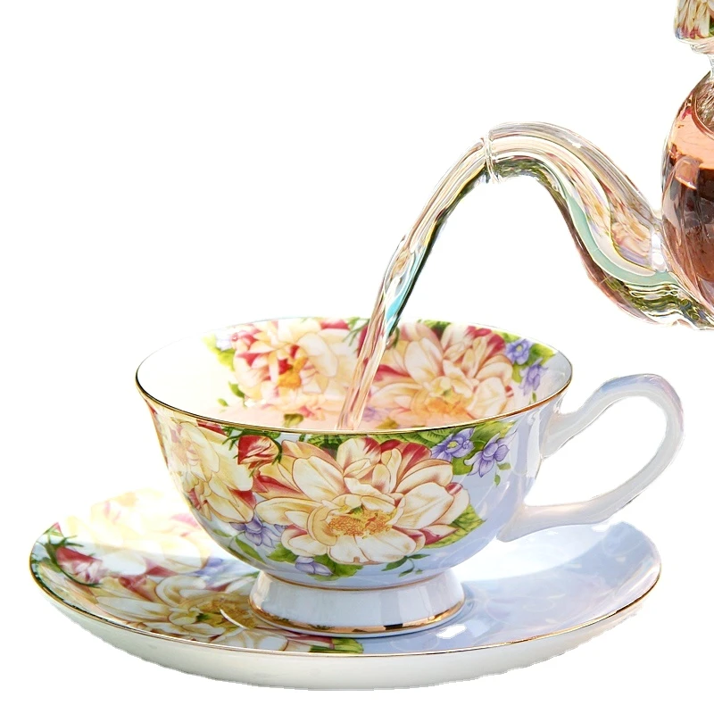 Luxury Thin Delicate Translucent Light Weight Bone China Floral Ceramic Tea Cup And Saucer Set