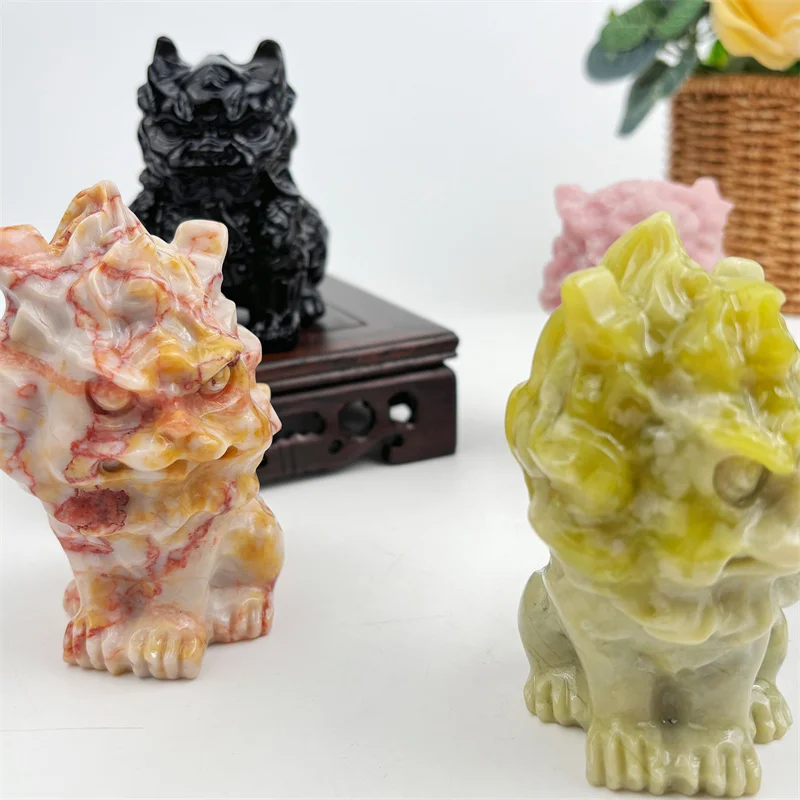 Wholesale Crystal Natural Stone Carvings Mix Material Obsidian Pink Opal Lemon Jade Lions For Gift