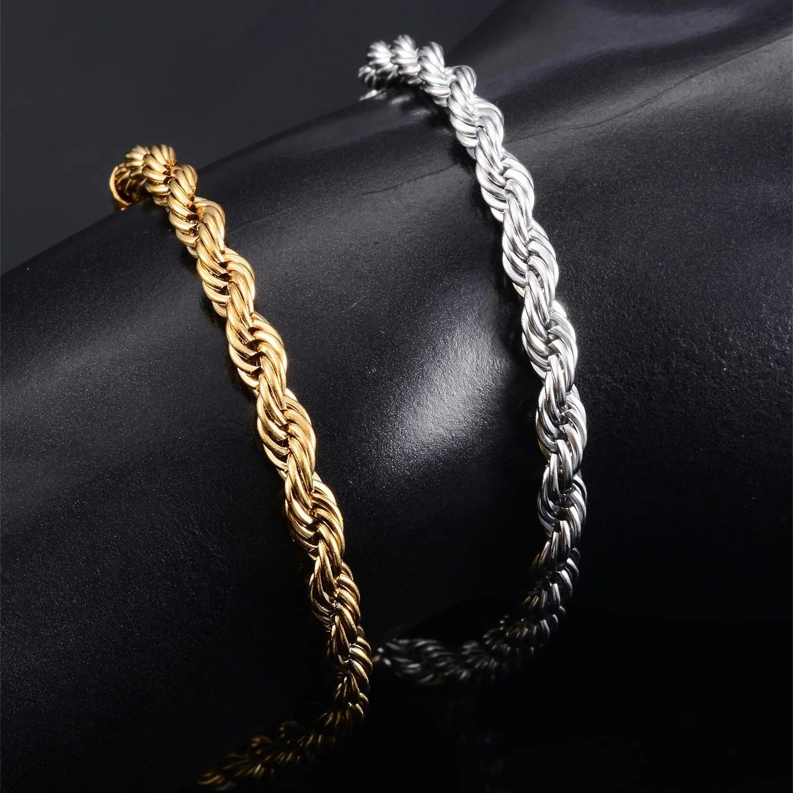 Fashion Jewelry Hiphop 18K Gold Plated Twisted Rope Chain Bracelets Stainless Steel Twist Chain Bracelet for Men Women