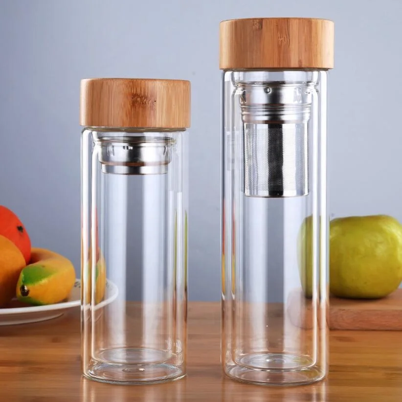
Modern Round Clear Custom Logo Double Wall Borosilicate Glass Drinking Infuser Water Bottle With Bamboo Lid 