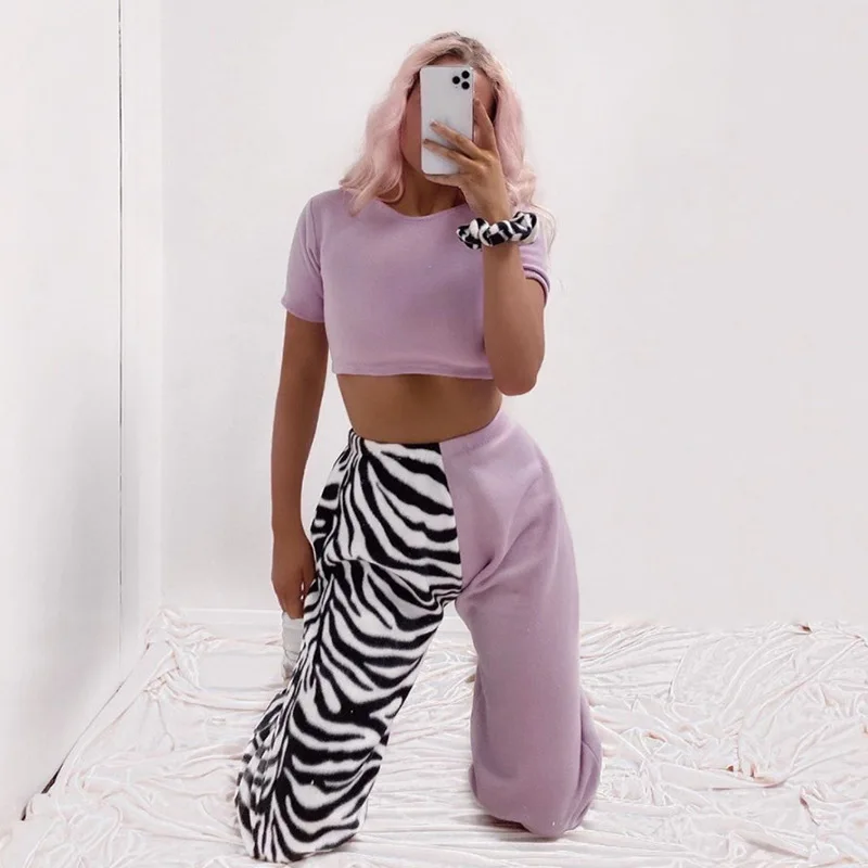 Custom Logo Women Cotton Color Block Leopard Jogger Track Pants