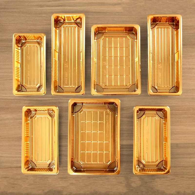 Golden Sushi Tray Blister Plastic Food Container Takeaway Serving Platter Disposable Luxury Sushi Trays Packaging Box with Lid