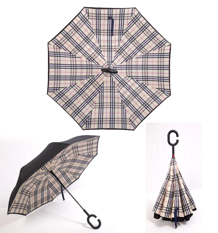 Cheap Checks Double Layer Upside Down Inverted Car Umbrella rainproof windproof C-Handle Reverse umbrella parasol for travel