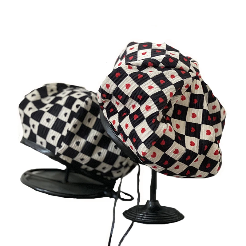 Latest Retro Design Love Heart Plaid Women Stylish Beret Hats British Western Hip Hop Fashion Ladies Girls Artist Painter Hat