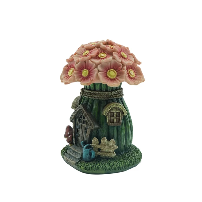 Fairy Garden House with Pink Floral Roof and Solar LED Light