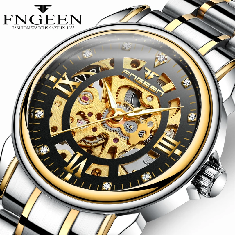 FNGEEN 0014 king golden mens mechanical watch creative steel band water resistant auto winder Leisure wristwatch