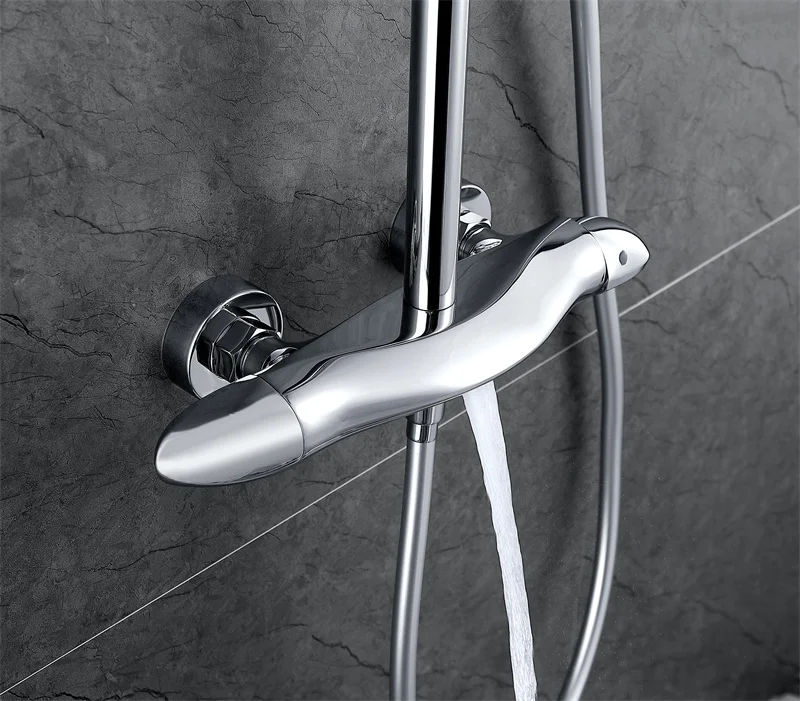 Fancy Rain Shower Thermostatic Bath Faucet Wall Mounted Shower Set Chrome Contemporary Exposed Shower Faucet Metered Faucets