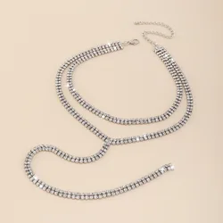 Night Party Women Double Layered Long Diamond Rhinestones Lariat Choker Collar Chain Necklace Jewelry