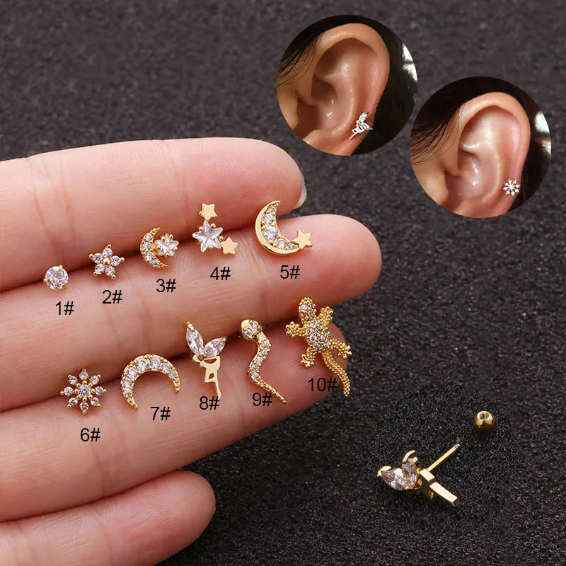 18K Gold Plated Stainless Steel Cubic Zirconia Single Ear Cartilage Stud Helix Piercing Earrings Stud