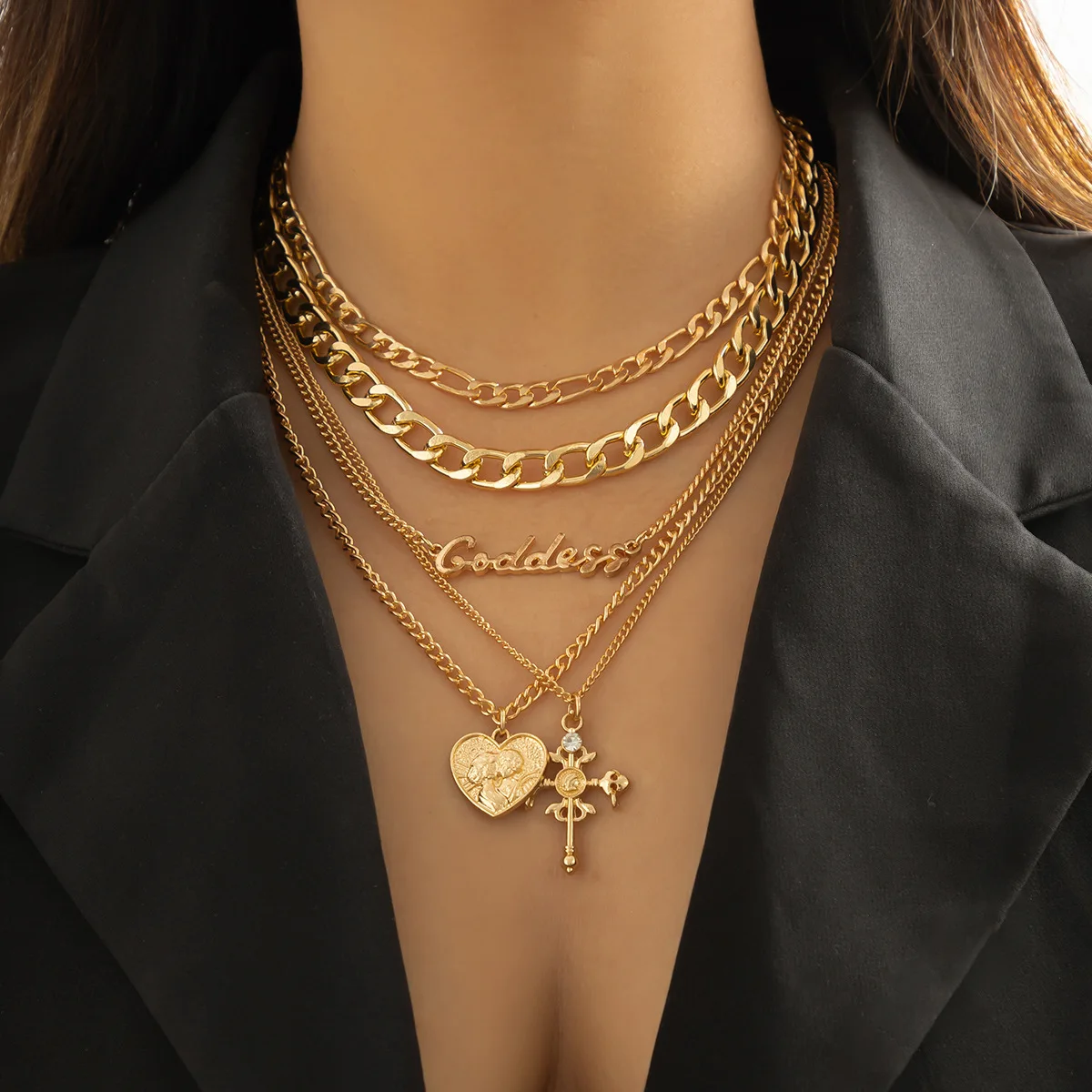 Hip hop personality letters retro multi-layer relief cross figure necklace chain