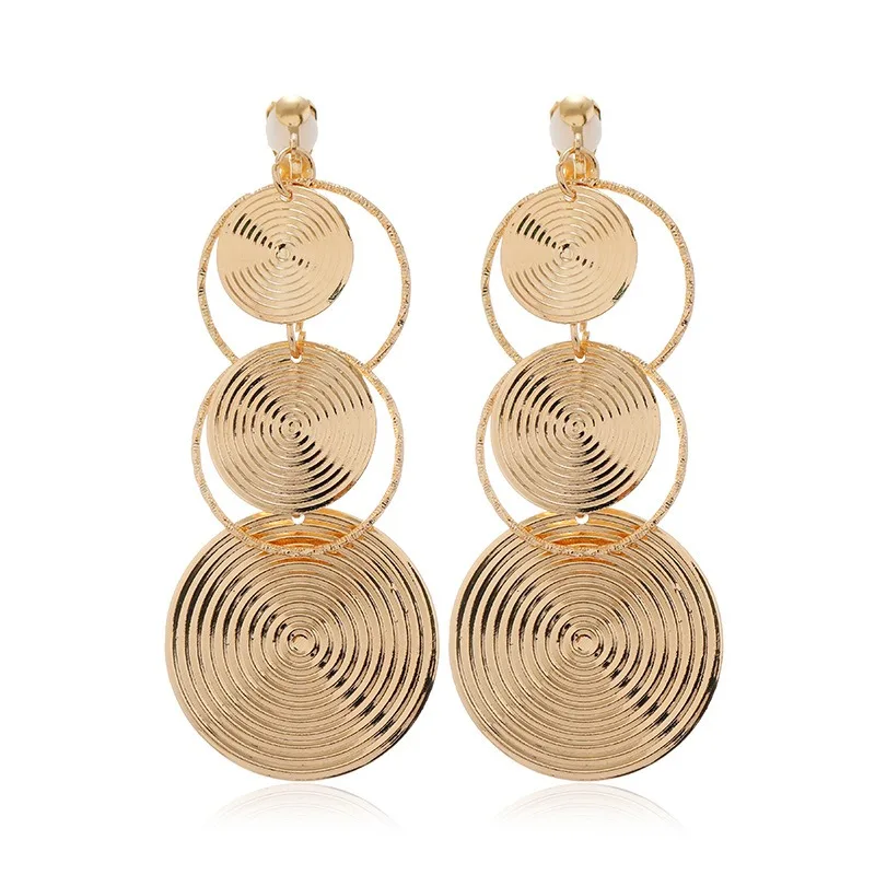 Handmade Round Drop Square Multi-layer Dangle Drop Earrings Clip on Earrings No Pierced for Women