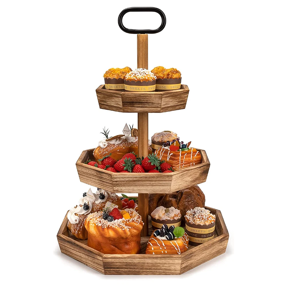 Wholesale Wooden 3 Tiered Tray Tiered Serving Tray Farmhouse Cupcake Dessert Fruit Stand Cake Stand for Christmas Decor