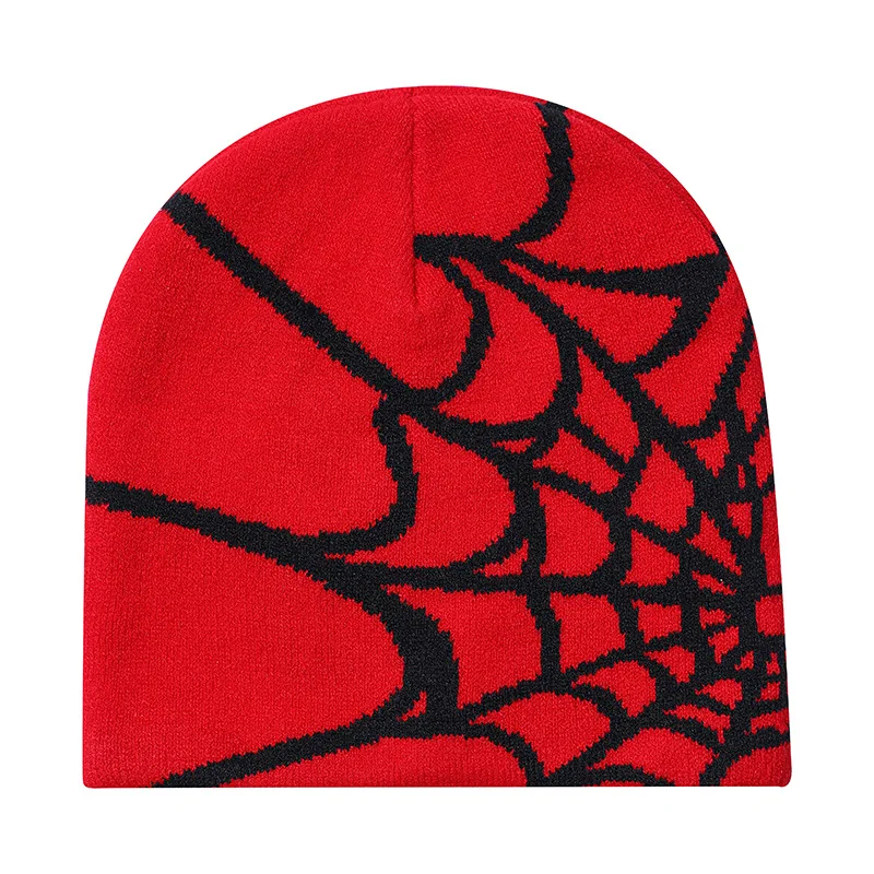 Good Sale Low MOQ Spider Web Pattern Beanie Caps Fashion Warm Knitted Winter Hat Custom Logo Jacquard Cuffless Beanie Hats