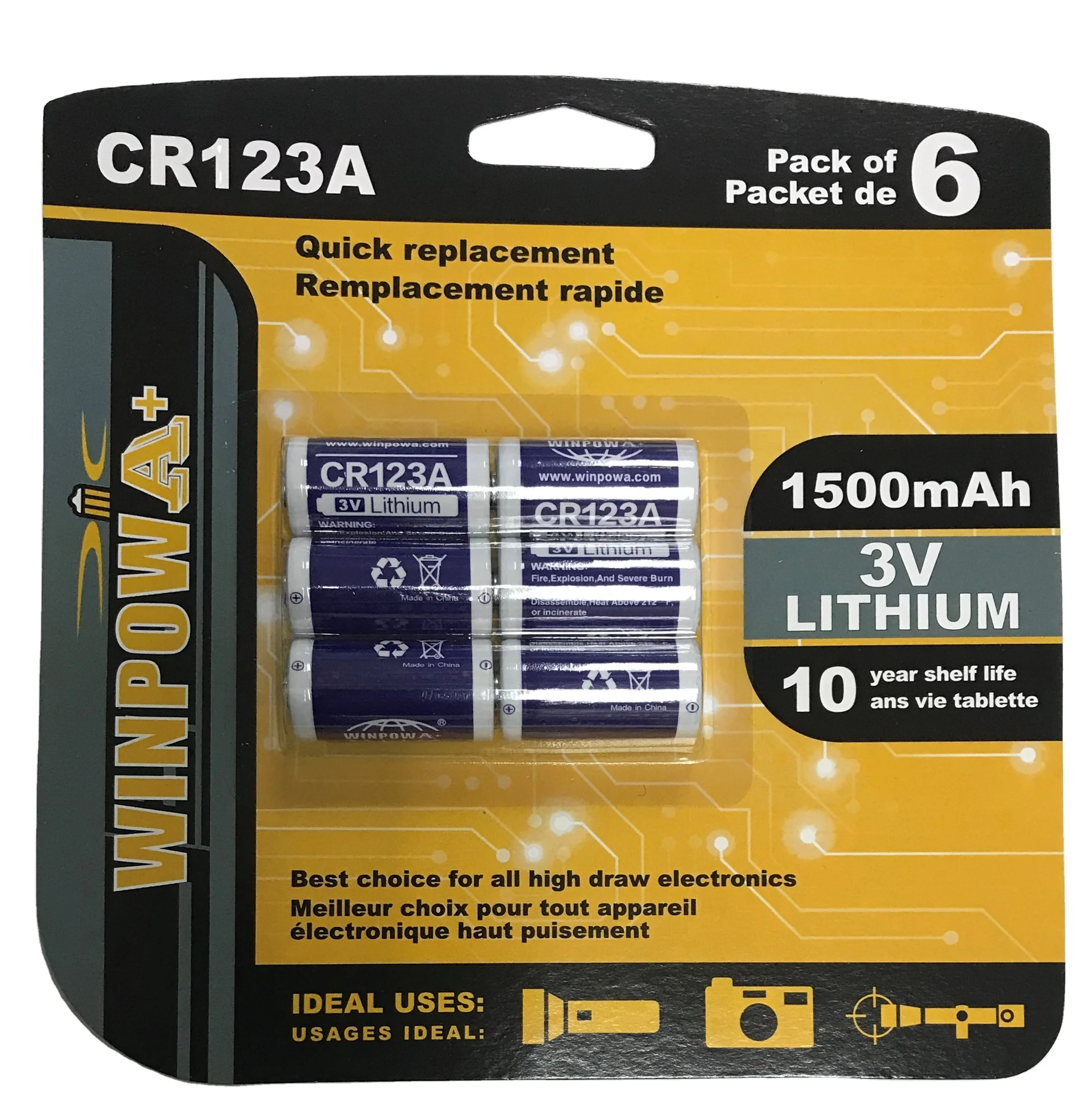 3V Lithium Limno2  cylinder Bateria Pila CR123A NON Rechargeable battery 1700mah for flash light use