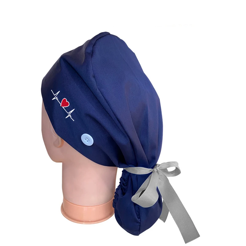 Best Quality Solid Color Satin Embroidered Hat For Long Short Hair Vets Nurse Doctor Surgical Scrub Caps With Bow Tie